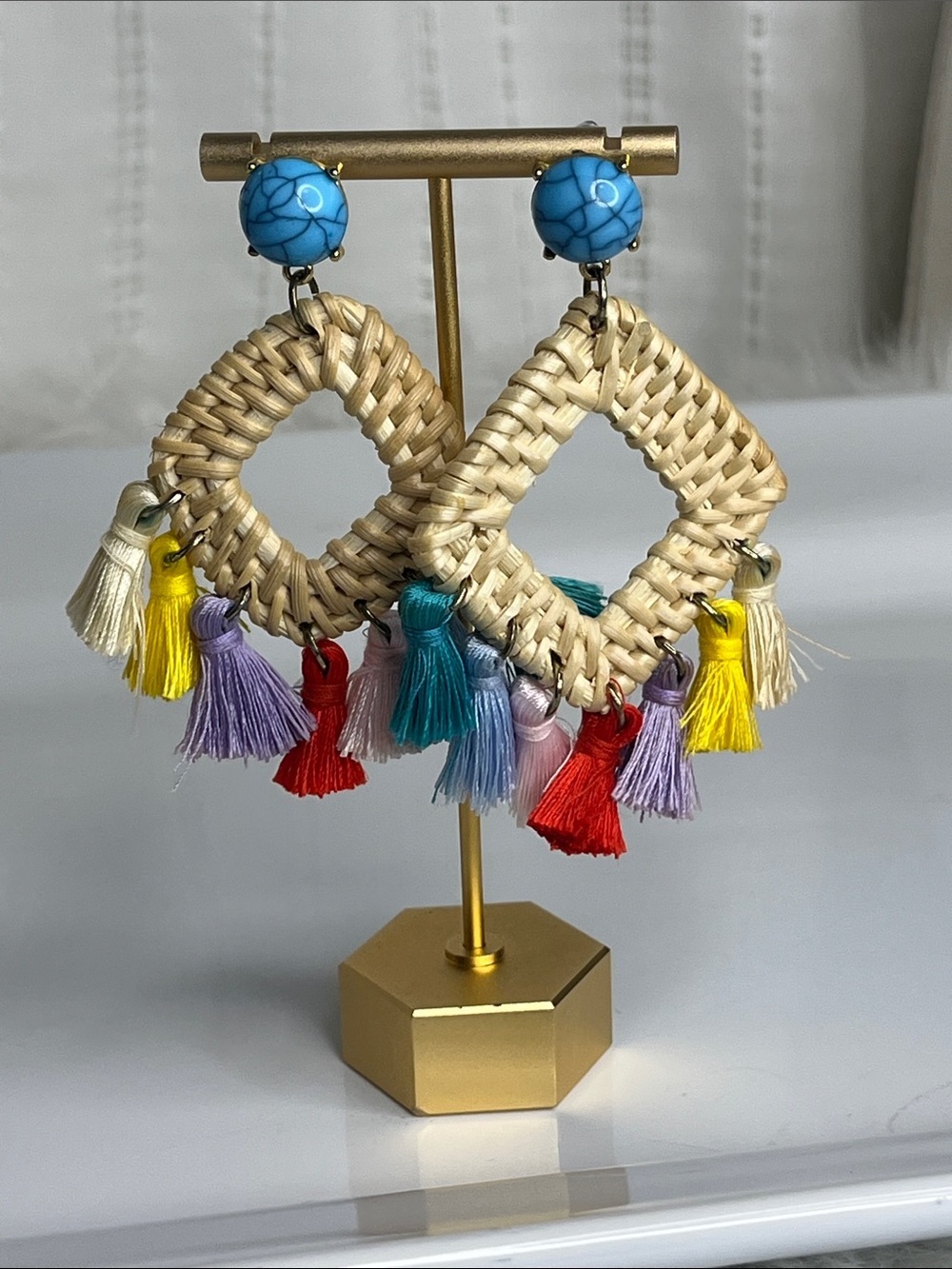 Boho Woven Diamond Tassel Earrings with Turquoise Button - Picture 6 of 6